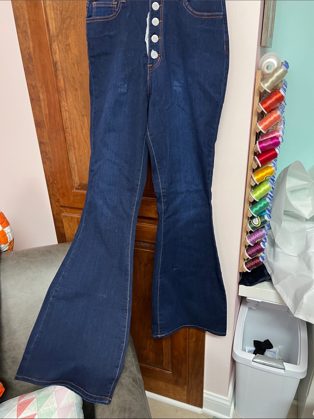 High-Rise Dark Blue Flare Jeans with Button-Front